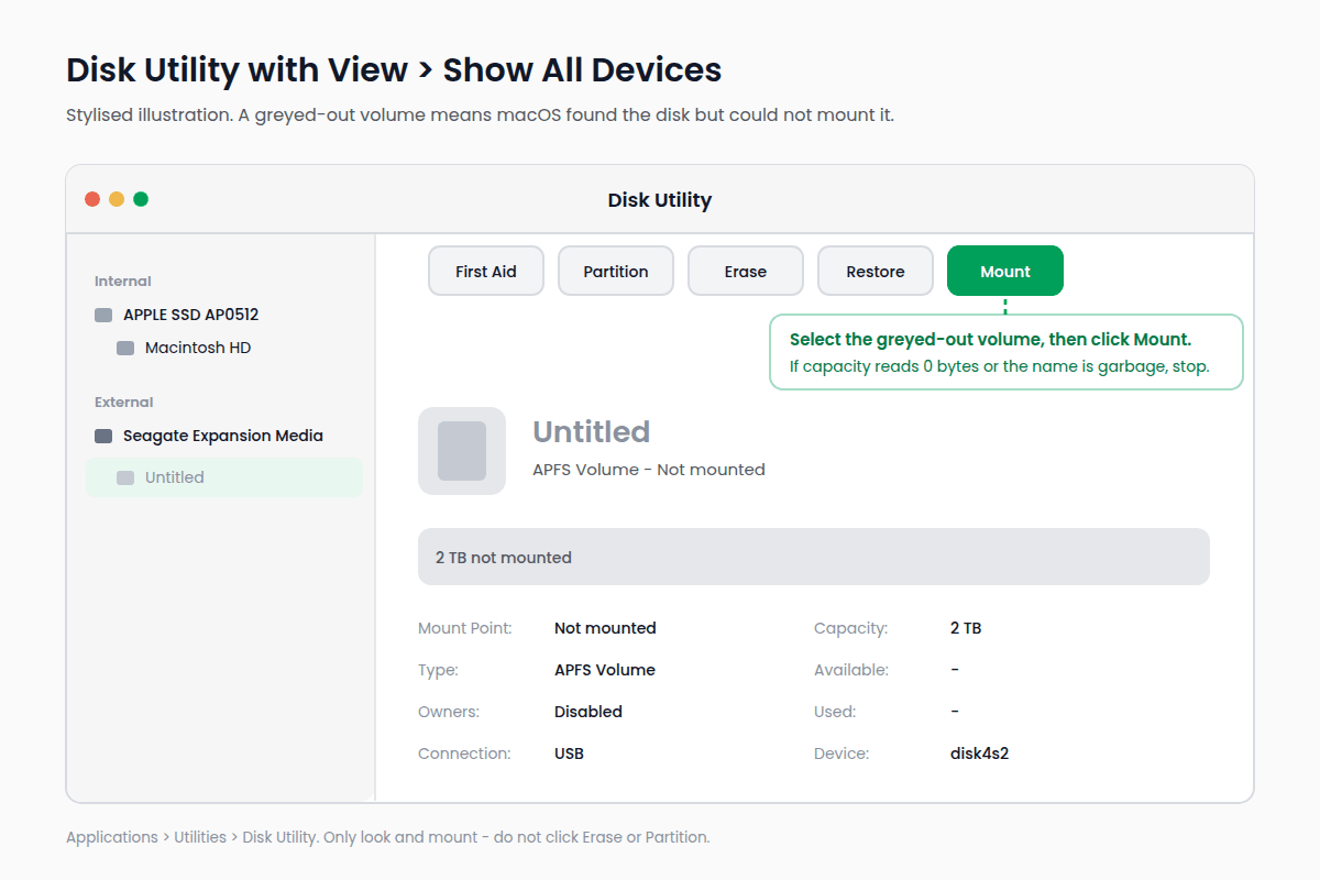 Stylised illustration of Disk Utility with Show All Devices on, an external Seagate drive with a greyed-out unmounted volume selected and the Mount button highlighted