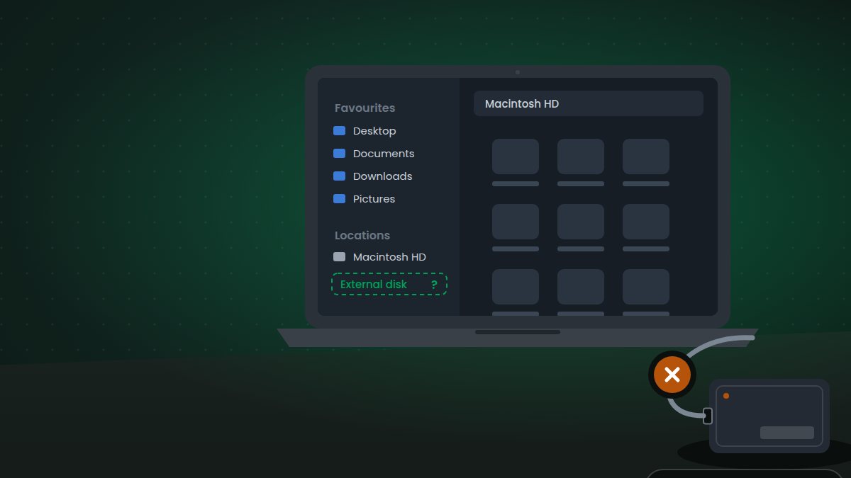 External hard drive not showing up on a Mac - illustration of a MacBook whose Finder sidebar is missing the external disk, with a portable drive connected by a cable marked as not detected